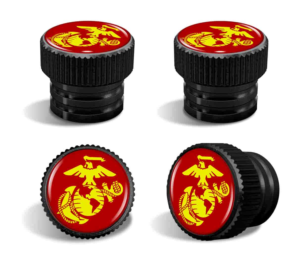 U.S Marine Corps Red Emblem - USMC Tire Valve Stem Caps – Black Aluminum Set of 4